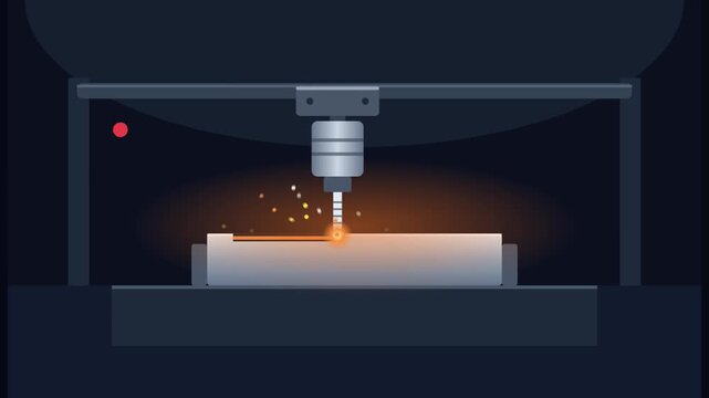 CNC milling machine drill cutting metal with glowing spark and orange light