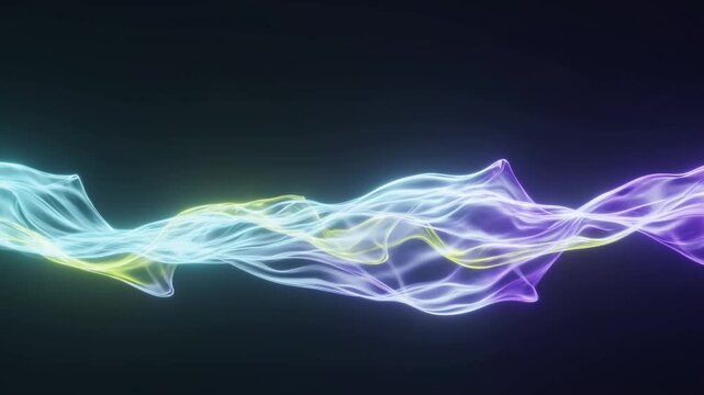 Luminous ribbons form flowing wave patterns against a dark abstract background