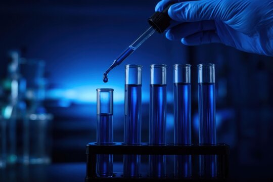 Pipette dispensing blue liquid into laboratory test tubes under dramatic deep blue lighting, scientific experiment and advanced chemical research concept.
