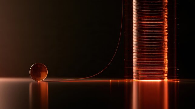 A single amber coin sits on the left and grows into a large stack on the right. An exponential growth curve is visible against a dark background.