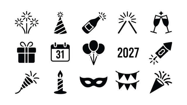 Black and white icons representing festive year end celebration elements and new year's party symbols