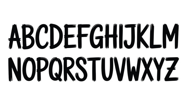 Hand drawn uppercase and lowercase alphabet letters in bold black style on plain background with letters appear rough