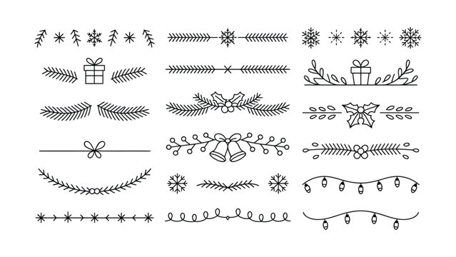 Hand drawn holiday themed decorative border elements with Collection black white line art designs includes snowflakes