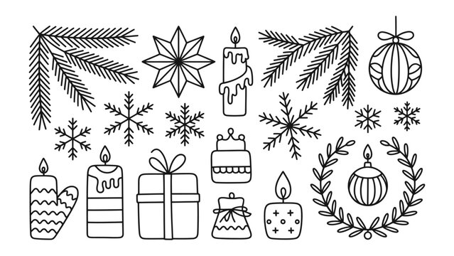 Black and white winter holiday icons arranged in decorative layout with holiday symbols decorations represent festive holiday