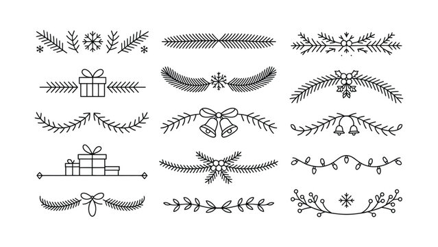 Seasonal decorative elements featuring gift boxes bows and festive botanical motifs in minimalist line art style