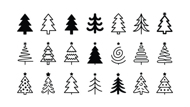 Collection of stylized holiday trees in various decorative outlines and patterns on white background with icons decorative elements