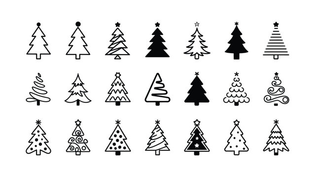 Collection of stylized decorated evergreen trees in minimalist line art designs with different decorative patterns