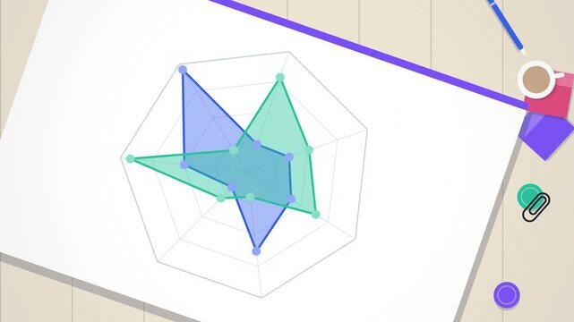 Colorful radar spider chart close angle assembling animation
