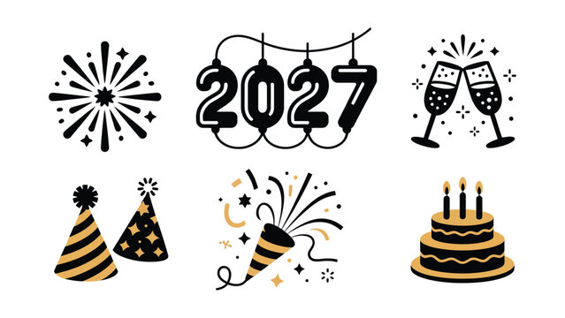 Celebration illustration featuring year 2027 with party elements in minimalist black with celebration design highlights