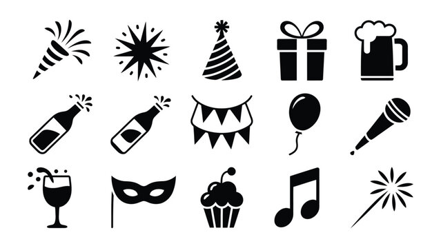 Black and white celebration icons featuring party items and festive symbols in minimalist style with representing celebration themed