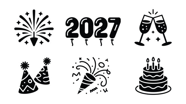 Celebration icons featuring year 2027 with party elements in minimalist black with symbols fireworks champagne