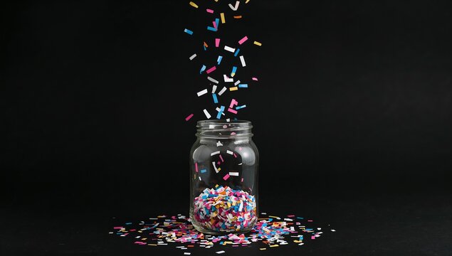 A jar filled with colorful sprinkles on a black background