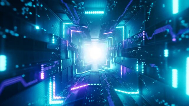 Glowing circuit panels form a futuristic digital corridor around a bright central light
