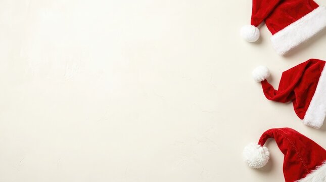 Three santa hats stacked on plain surface