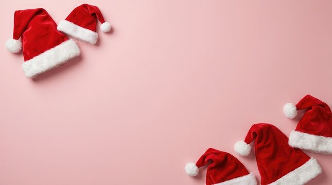 Red santa hats on light pink background