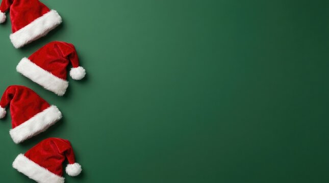 Santa hats stacked on green background