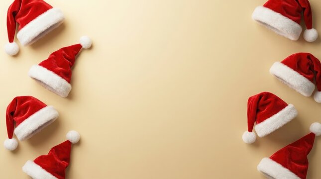 Santa hats arranged on light surface