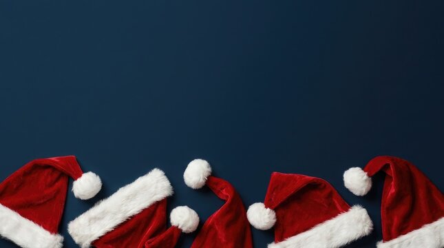 Santa hats with white pom poms on dark background