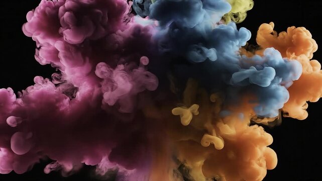Vibrant colorful ink clouds swirling in water against a deep black