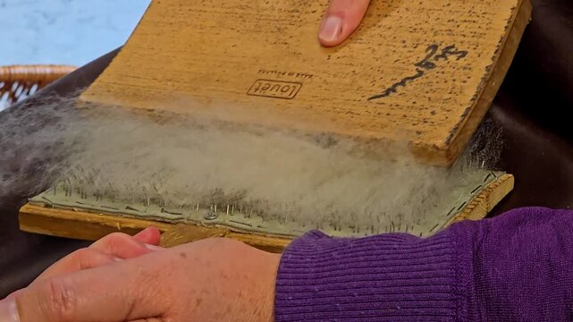 Preparing Sheep Wool by Hand with Two Traditional Wool Carders in Norway. Alver. Oktober
