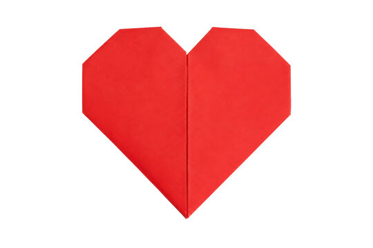 Vibrant red paper origami heart, meticulously folded, stands out against a clean white background, symbolizing love and affection