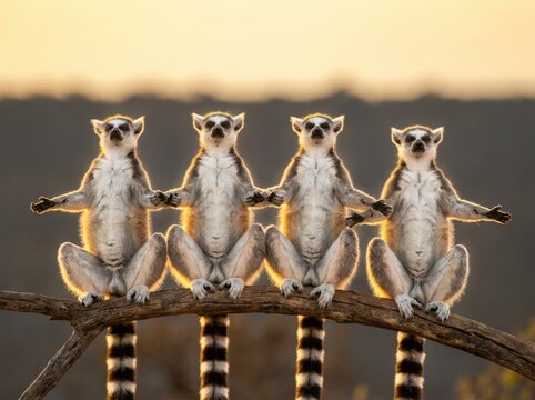 Ringtailed lemurs perched on branch at sunset with golden backlight