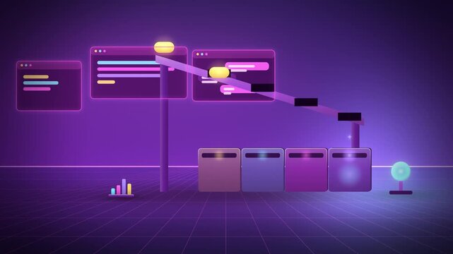 Magenta token sorter dropping tokens into bins centered view concept