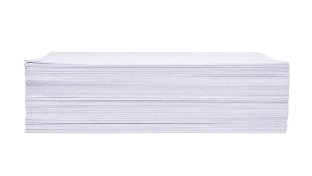 Large stack of clean white paper sheets is neatly piled on a solid white background