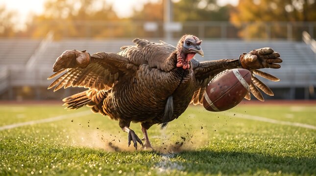 Turkey wearing gloves running and catching football on grass field, energetic Thanksgiving sports concept for game day promotion, holiday football events and seasonal advertising