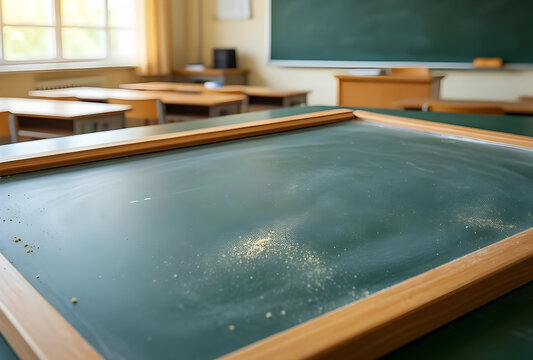 Education and learning concept, empty green chalkboard in a classroom with wooden frame and chalk dust for school lessons and academic teaching