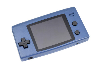 Vintage blue handheld video game console with a blank screen and black buttons is isolated on a white background © Chinases