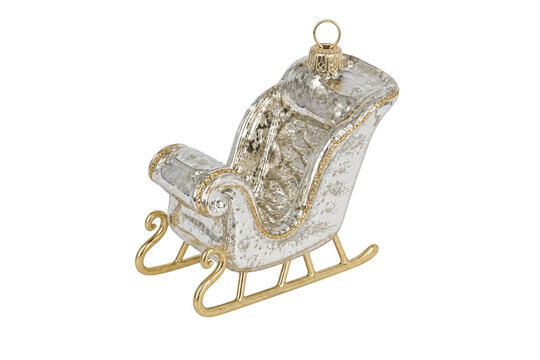 Shiny silver and gold Christmas sleigh ornament with intricate details, captured on a clean white background