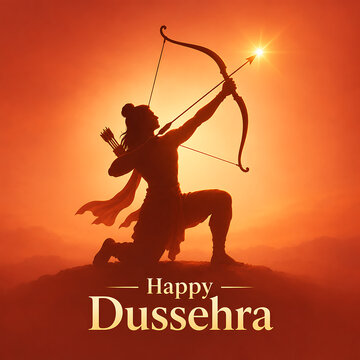 Silhouette of lord rama kneeling and aiming an arrow at glowing sun background symbolizing victory during bright durga puja alongside happy dussehra