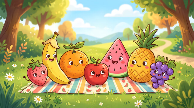 Cute Kawaii Cartoon Fruits Characters Having Picnic on Wooden Table in Garden