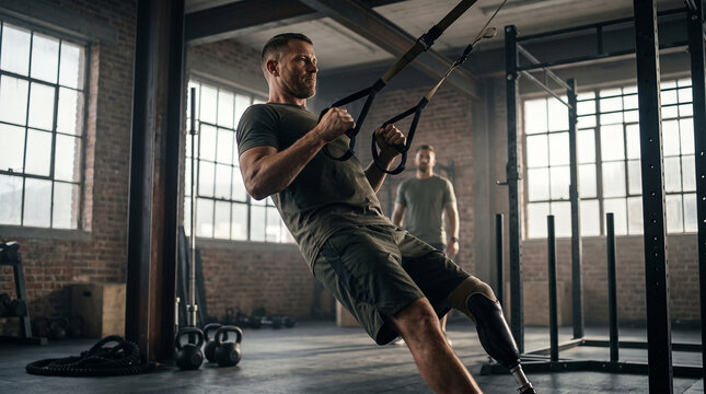 Fit male amputee with a prosthetic leg doing suspension straps exercise in a gym with a trainer in the background