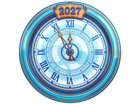 Blue decorative clock face showing the year 2027 with golden hands and roman numerals for holiday design