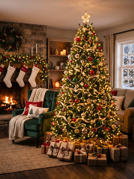 Cozy Christmas Living Room with Decorated Tree, Fireplace, and Sleeping Dog