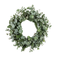 Beautiful fresh green eucalyptus and fir branches form a festive wreath, isolated on a clean white background, perfect for holiday designs © Chinases