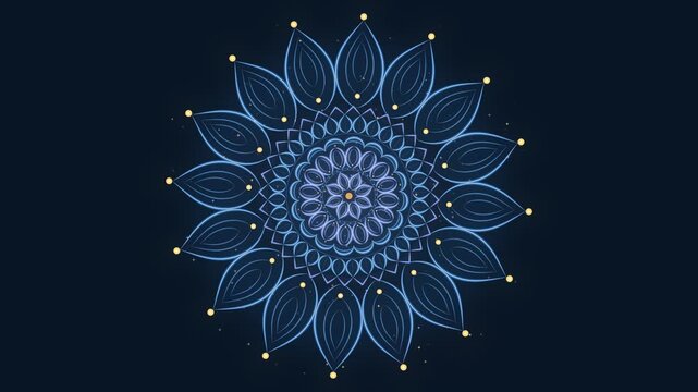 Glowing neon mandala, counter-rotating rings, sparkling particles, dark abstract background