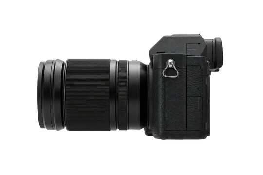 Professional black digital mirrorless camera with a large zoom lens, viewed from the side on a clean white background