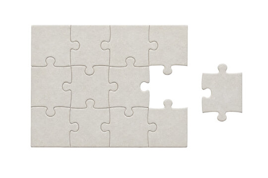 Incomplete white puzzle pieces form a rectangle with one missing piece, isolated on a clean white background