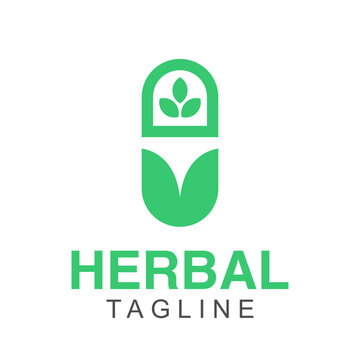 Herbal medicine capsule logo design with green leaf elements for natural health care branding