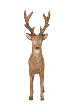 Elegant wooden deer figurine with detailed antlers and textured body, standing upright on a clean white background