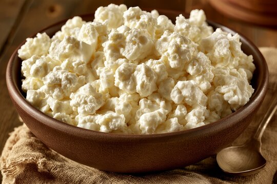 Close view of small curd cottage cheese in a glass bowl during a calm wildlife moment