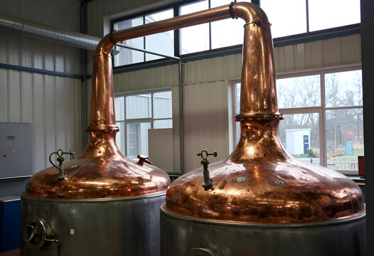 Distillery production and craft spirits manufacturing, copper pot stills for alcohol distillation in a modern industrial facility with large windows
