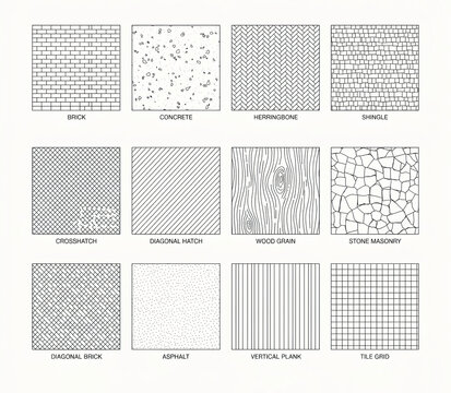 Architectural material texture patterns set showing brick concrete