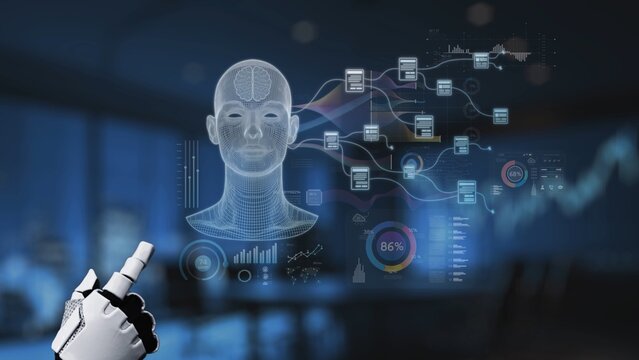 Innovative representation of artificial intelligence merging with human cognition, featuring robotic hand and data visuals in a sleek office setting, highlighting technological advancements. Synapse