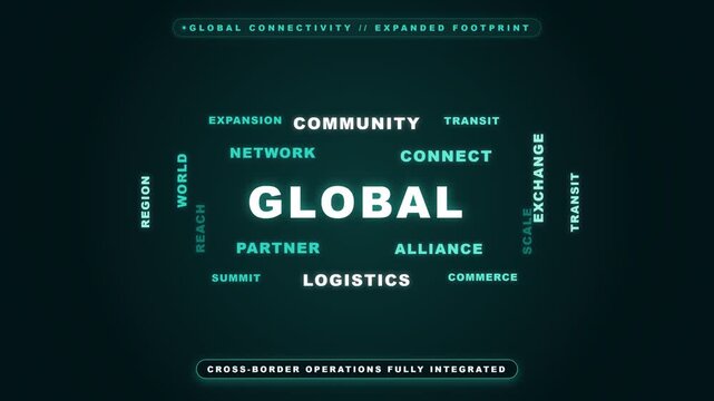 Glowing text graphics displaying global connectivity and logistics concepts in a dark digital interface design layout