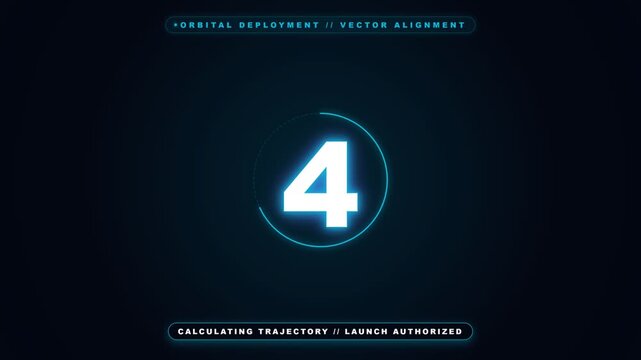 Digital countdown sequence featuring glowing blue numbers and futuristic interface elements against dark background