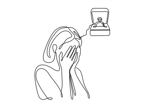 Continuous one line drawing of girl covering face with hands dreaming of ring in box, engagement and love concept, hand drawing vector illustration